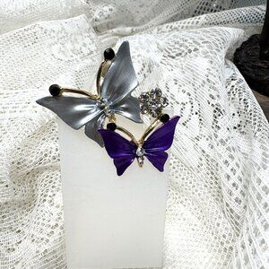 Vintage Butterfly Brooch Pin Set With Rhinestone Accents In Purple & Silver Enam